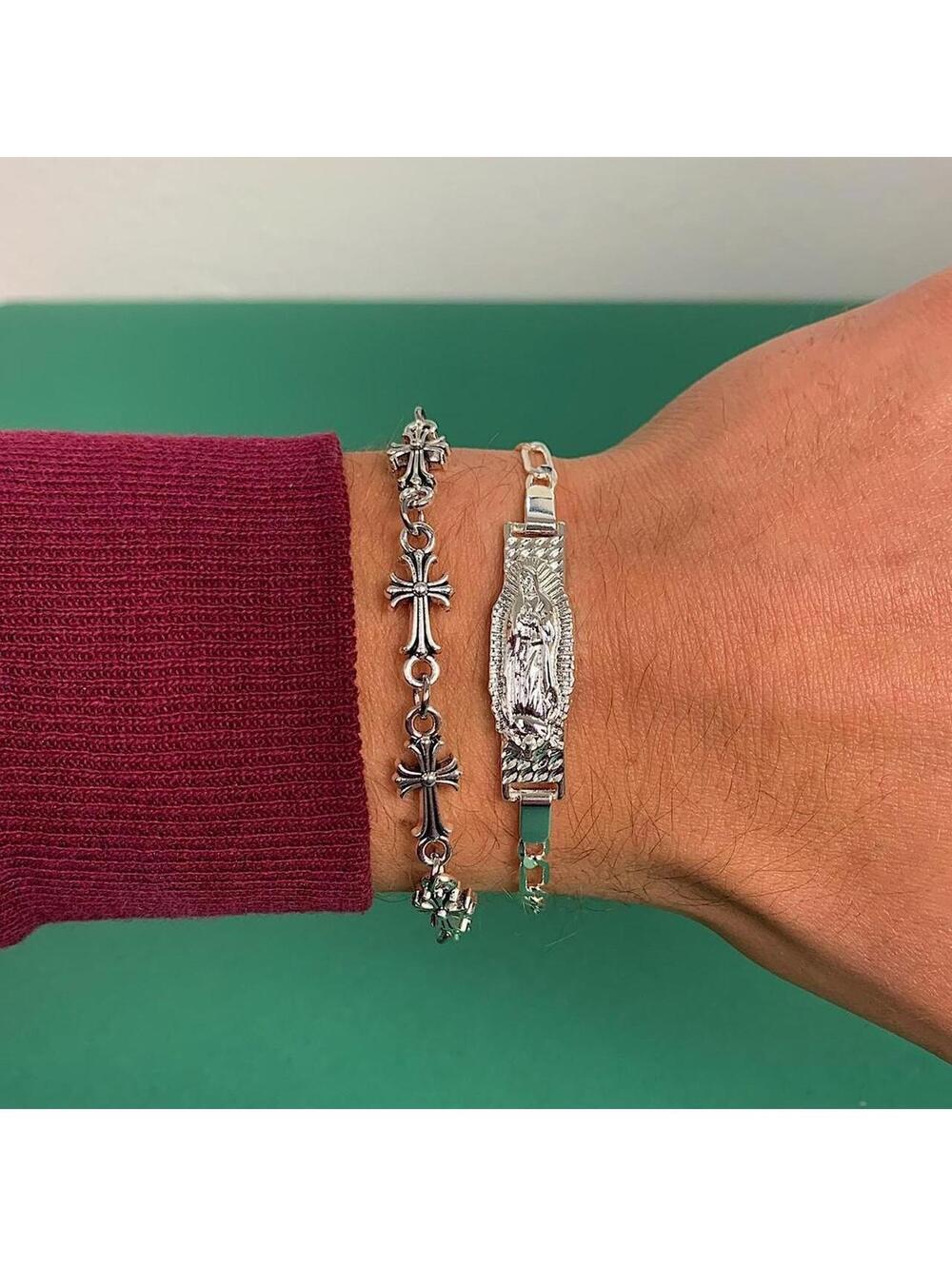 Vintage Y2k Style Silver Saint Marry Cuban Link Figaro Bracelet. Nice quality - Picture 1 of 8
